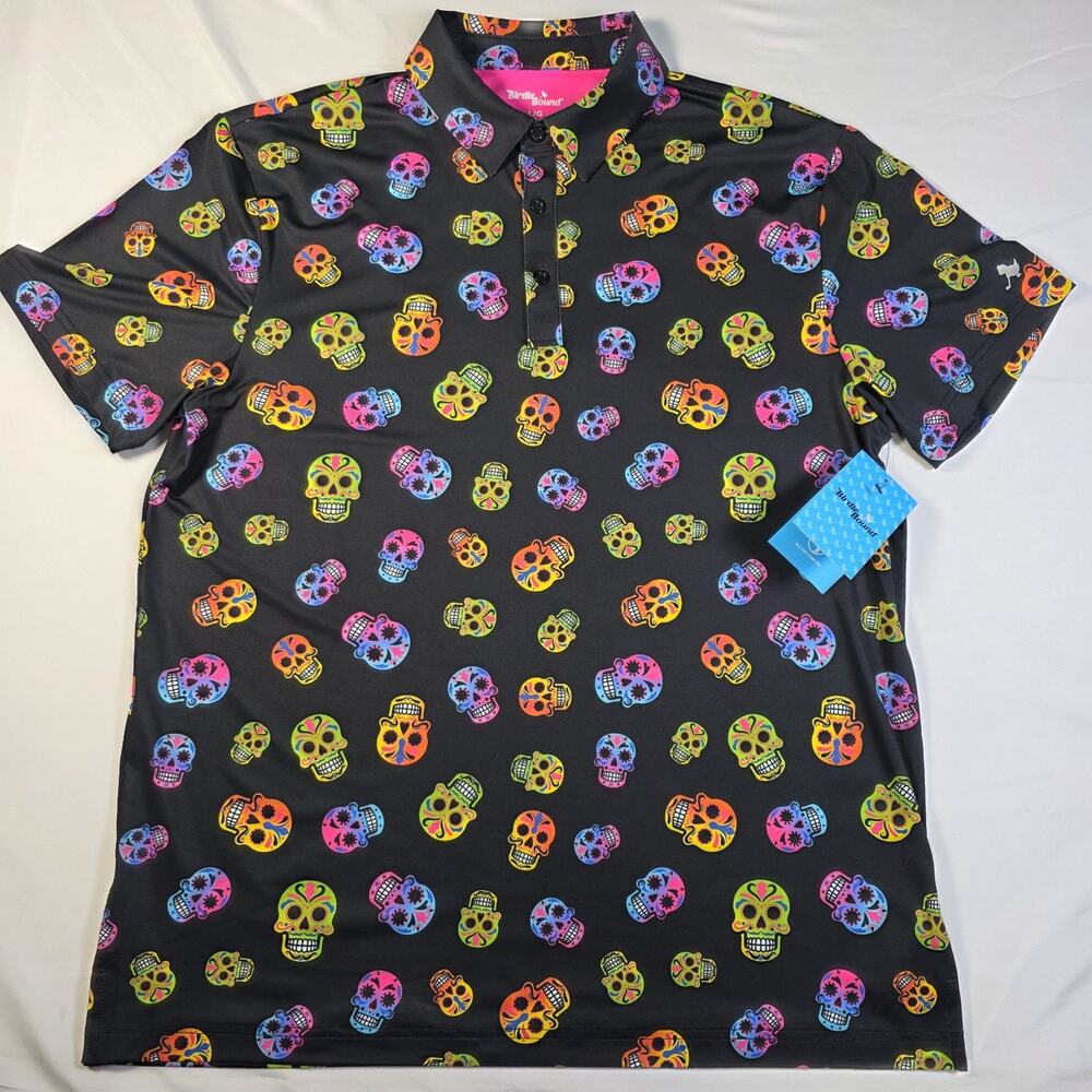 Birdie Bound Polo Golf Shirt Mens L Black Skull Print Performance Stretch Knit